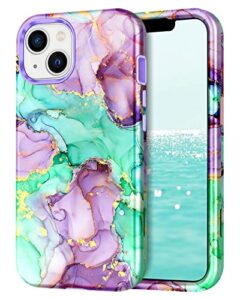 casefiv compatible with iphone 13 case, marble pattern 3 in 1 heavy duty shockproof full body rugged hard pc+soft silicone drop protective girls women cover for iphone 13 6.1 inch 2021, purple green