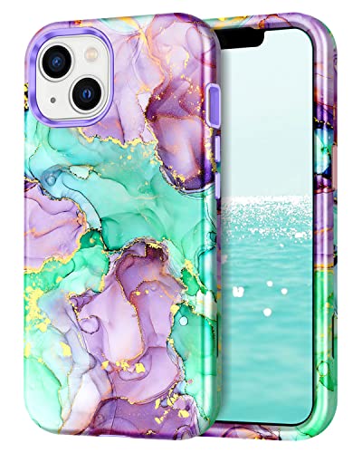 CASEFIV Compatible with iPhone 13 Case, Marble Pattern 3 in 1 Heavy Duty Shockproof Full Body Rugged Hard PC+Soft Silicone Drop Protective Girls Women Cover for iPhone 13 6.1 inch 2021, Purple Green