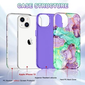 CASEFIV Compatible with iPhone 13 Case, Marble Pattern 3 in 1 Heavy Duty Shockproof Full Body Rugged Hard PC+Soft Silicone Drop Protective Girls Women Cover for iPhone 13 6.1 inch 2021, Purple Green