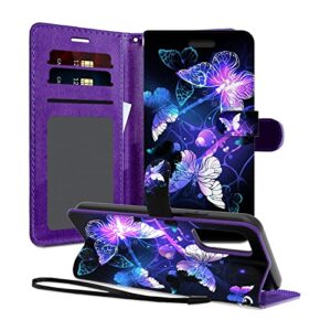 encases wallet case with hand strap for samsung a53 5g,pu leather clip flip phone case cover with id card,credit card pocket holder (stand feature),purple butterfly case for samsung galaxy a53 5g 2022