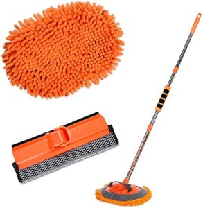 agiiman car wash brush with long handle - 3 in 1 car cleaning mop, chenille microfiber mitt set, adjustable length 24in-43in glass scrabber vehicle cleaner kit, orange