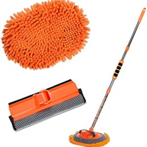 AgiiMan Car Wash Brush with Long Handle - 3 in 1 Car Cleaning Mop, Chenille Microfiber Mitt Set, Adjustable Length 24in-43in Glass Scrabber Vehicle Cleaner Kit, Orange