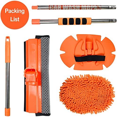 AgiiMan Car Wash Brush with Long Handle - 3 in 1 Car Cleaning Mop, Chenille Microfiber Mitt Set, Adjustable Length 24in-43in Glass Scrabber Vehicle Cleaner Kit, Orange