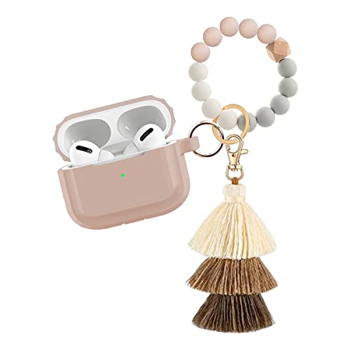 AirPod Pro Case,Gtinna Fashion Cute Stripe AirPod Pro Cover Case,Soft Silicone Case for Apple AirPod Pro Wireless Charging Case with Silicone Beaded Bracelet Tassel Keychain Accessorie (Khaki)