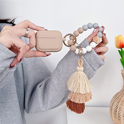 AirPod Pro Case,Gtinna Fashion Cute Stripe AirPod Pro Cover Case,Soft Silicone Case for Apple AirPod Pro Wireless Charging Case with Silicone Beaded Bracelet Tassel Keychain Accessorie (Khaki)