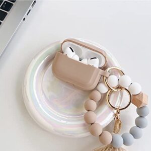 AirPod Pro Case,Gtinna Fashion Cute Stripe AirPod Pro Cover Case,Soft Silicone Case for Apple AirPod Pro Wireless Charging Case with Silicone Beaded Bracelet Tassel Keychain Accessorie (Khaki)