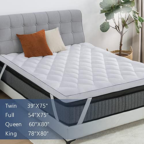 Full Mattress Topper, Comfort Cooling 3D Snow Down Alternative, Soft Fluffy Top for Back Pain, Thick Mattress Pad with Adjustable Straps