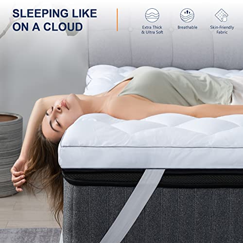 Full Mattress Topper, Comfort Cooling 3D Snow Down Alternative, Soft Fluffy Top for Back Pain, Thick Mattress Pad with Adjustable Straps