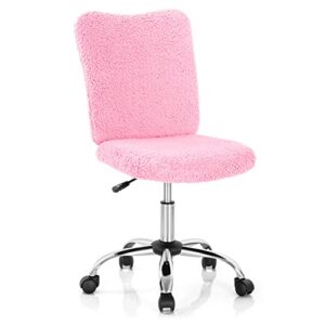 giantex faux fur office chair, armless home desk chair, height adjustable swivel cute chair, middle back chair w/chrome base, modern fuzzy vanity chair, rolling task chair for study bedroom (pink)