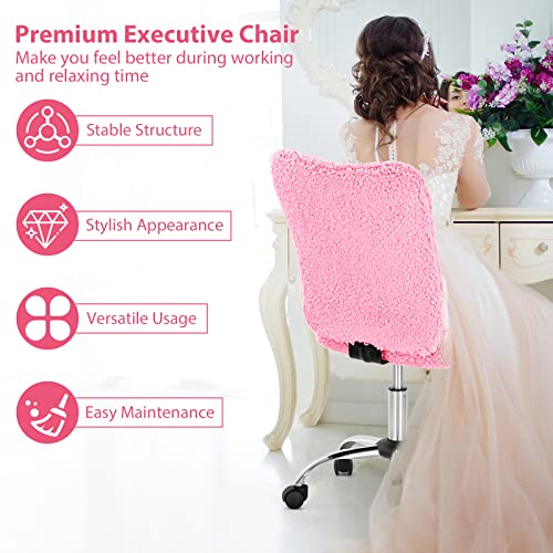 Giantex Faux Fur Office Chair, Armless Home Desk Chair, Height Adjustable Swivel Cute Chair, Middle Back Chair w/Chrome Base, Modern Fuzzy Vanity Chair, Rolling Task Chair for Study Bedroom (Pink)