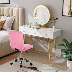 Giantex Faux Fur Office Chair, Armless Home Desk Chair, Height Adjustable Swivel Cute Chair, Middle Back Chair w/Chrome Base, Modern Fuzzy Vanity Chair, Rolling Task Chair for Study Bedroom (Pink)