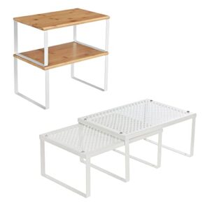 songmics bamboo shelf organizers and metal shelf organizers bundle, stackable, expandable kitchen shelves, white and natural ukcs01wt and ukcs02nw
