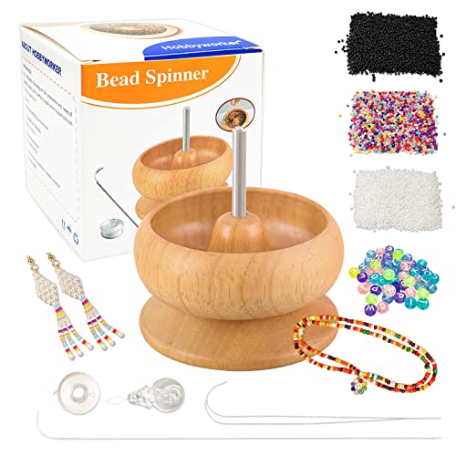 hobbyworker The Upgrade Version Wooden Bead Spinner with 2 Pcs Big Needles,8000 Pcs Seed Beads and 1 Surprise Gift Pack for Jewelry Making Tools,Quickly Stringing Beads Tool