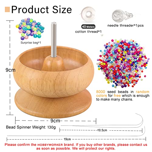 hobbyworker The Upgrade Version Wooden Bead Spinner with 2 Pcs Big Needles,8000 Pcs Seed Beads and 1 Surprise Gift Pack for Jewelry Making Tools,Quickly Stringing Beads Tool