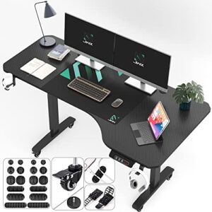 jwx standing adjustable desk, 63 inches l shaped electric standing gaming desk with locking wheels, cup holder, headphone hook, cable manager, mouse pad, carbon fiber textured pane