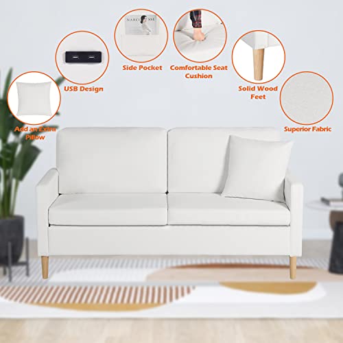 AILEEKISS 66" W Loveseat Sofa with 2 USB Mid Century Modern Love Seats PU Leather Furniture Tufted Upholstered Love Seat Couch for Living Room Office Apartment Bedroom (White)