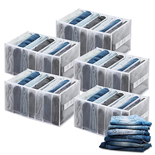 Wardrobe Clothes Organizer for Jeans |5pcs White Drawer Organizer for Clothing |Easy To Clean,Save Space Drawer Dividers For Clothes |7 Grids Clothes Organizer for Folded Pants,Trousers（Handle）