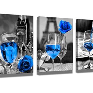 Blue wall decor Blue kitchen decor Bathroom, room, dining room decor Wine decor canvas art blue wine rose artwork black and white with blue wine painting print rose art dining room picture 12x16"x3