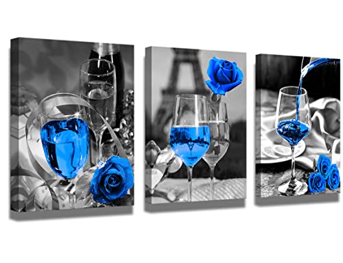 Blue wall decor Blue kitchen decor Bathroom, room, dining room decor Wine decor canvas art blue wine rose artwork black and white with blue wine painting print rose art dining room picture 12x16"x3