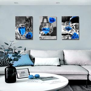 Blue wall decor Blue kitchen decor Bathroom, room, dining room decor Wine decor canvas art blue wine rose artwork black and white with blue wine painting print rose art dining room picture 12x16"x3