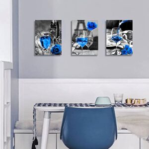 Blue wall decor Blue kitchen decor Bathroom, room, dining room decor Wine decor canvas art blue wine rose artwork black and white with blue wine painting print rose art dining room picture 12x16"x3