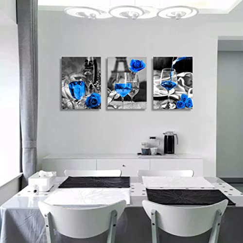 Blue wall decor Blue kitchen decor Bathroom, room, dining room decor Wine decor canvas art blue wine rose artwork black and white with blue wine painting print rose art dining room picture 12x16"x3