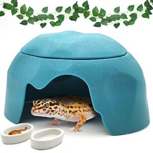 Hamiledyi Reptile Hide Box Leopard Gecko Hideout Cave with Sink Humidifier Lizards Hideaway Hut Flexible Leaves Pet Habitat Decor for Snakes Leopard Spiders Turtles Amphibians