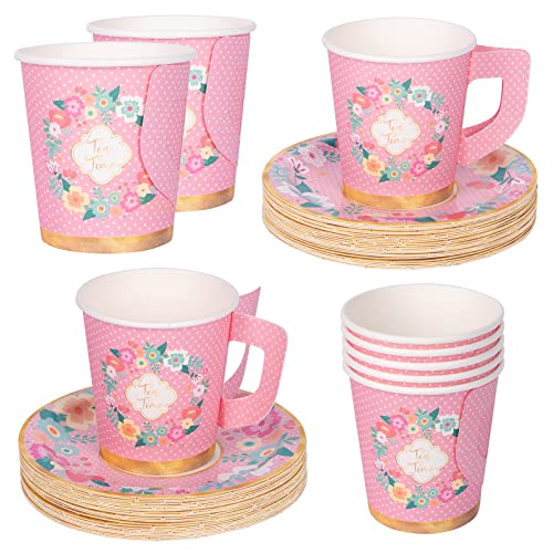 DECORLIFE Disposable Tea Cups Serves 24, 7oz Paper Tea Cups with 5" Saucers, Floral Teacups with Handle for Tea Party Birthday Baby Shower Wedding, Total 48PCS