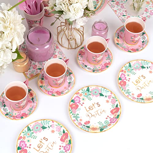 DECORLIFE Disposable Tea Cups Serves 24, 7oz Paper Tea Cups with 5" Saucers, Floral Teacups with Handle for Tea Party Birthday Baby Shower Wedding, Total 48PCS