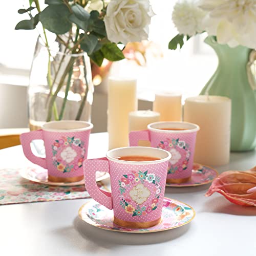 DECORLIFE Disposable Tea Cups Serves 24, 7oz Paper Tea Cups with 5" Saucers, Floral Teacups with Handle for Tea Party Birthday Baby Shower Wedding, Total 48PCS