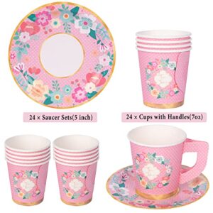 DECORLIFE Disposable Tea Cups Serves 24, 7oz Paper Tea Cups with 5" Saucers, Floral Teacups with Handle for Tea Party Birthday Baby Shower Wedding, Total 48PCS