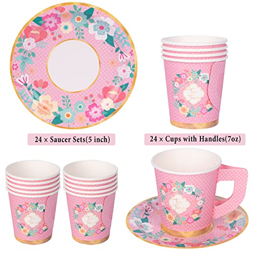 DECORLIFE Disposable Tea Cups Serves 24, 7oz Paper Tea Cups with 5" Saucers, Floral Teacups with Handle for Tea Party Birthday Baby Shower Wedding, Total 48PCS
