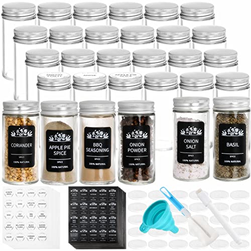 Tebery 30 Pack Round Spice Bottles Jars with Silver Lids, 3oz Empty Glass Spice Containers Shakers Complete Organizer Set Includes Shaker Lids, Wide Funnel, 360 Labels, White Maker and Cleaning Brush