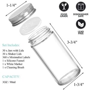 Tebery 30 Pack Round Spice Bottles Jars with Silver Lids, 3oz Empty Glass Spice Containers Shakers Complete Organizer Set Includes Shaker Lids, Wide Funnel, 360 Labels, White Maker and Cleaning Brush