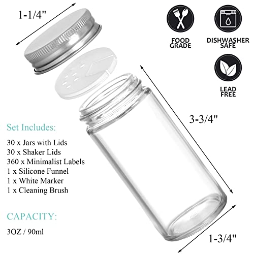 Tebery 30 Pack Round Spice Bottles Jars with Silver Lids, 3oz Empty Glass Spice Containers Shakers Complete Organizer Set Includes Shaker Lids, Wide Funnel, 360 Labels, White Maker and Cleaning Brush