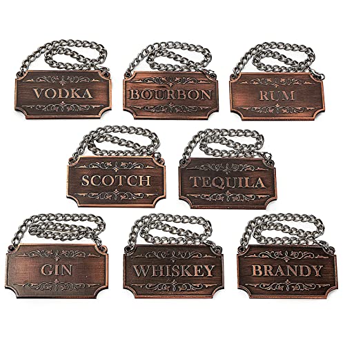 Decanter Tags Copper Set of 8 for Alcohol - The Wine Savant - Bottle - Whiskey, Scotch, Bourbon, Gin, Rum, Vodka, Tequila and Brandy, Fits All Bottles, Great Home Gift,Gifts for Dad…