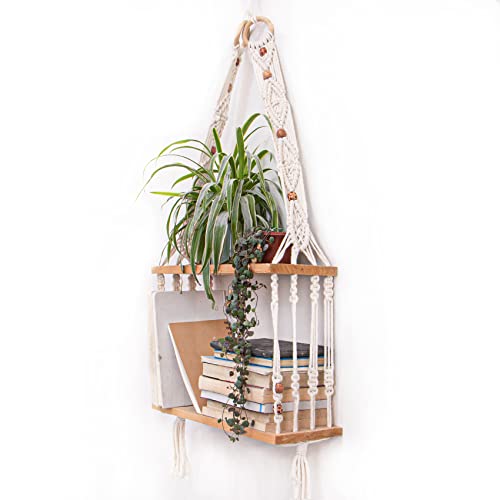 TENEWEE Boho Wall Hanging Shelves Macrame Floating Plant Photos Wood Shelf for Bedroom Living Room Apartment Decor