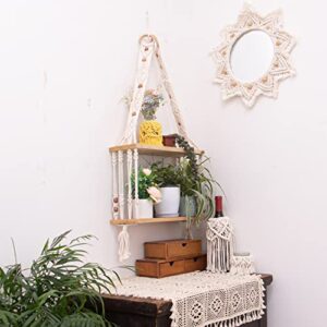 TENEWEE Boho Wall Hanging Shelves Macrame Floating Plant Photos Wood Shelf for Bedroom Living Room Apartment Decor