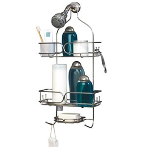 zenna home rustproof hanging over-the-shower caddy, with inverted bottle storage, soap dish, razor hooks and storage cup, stainless steel