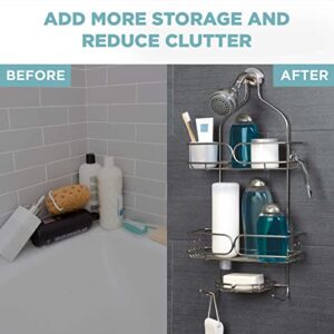 Zenna Home Rustproof Hanging Over-the-Shower Caddy, with Inverted Bottle Storage, Soap Dish, Razor Hooks and Storage Cup, Stainless Steel