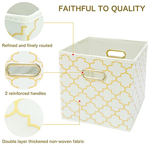 SEVENDOME Fabric Cloth Storage Bins,Fabric Cube Organizer with Dual Handles Foldable Cube Storage Baskets for Home Bedroom Storage,Set of 3,(Creamy-White Gold)