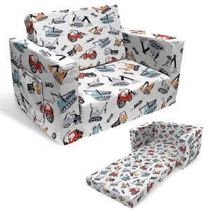 truwelby kids sofa couch, boys children's 2 in 1 convertible sofa to lounger - extra soft flip open chair & sleeper, truck excavator car printed toddler chairs kids girls couch bed