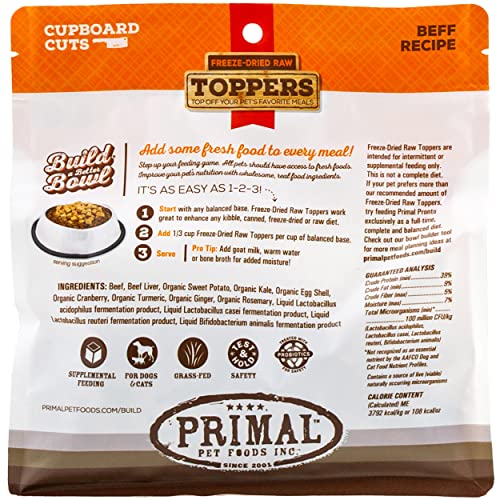 Primal Cupboard Cuts Freeze Dried Raw Cat Food & Dog Food Topper, Grain Free Meal Mixer for Dogs & Cat (Beef, 3.5 oz)