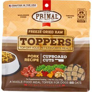 primal cupboard cuts freeze dried raw cat food & dog food topper, grain free meal mixer for dogs & cat (pork, 3.5 oz)