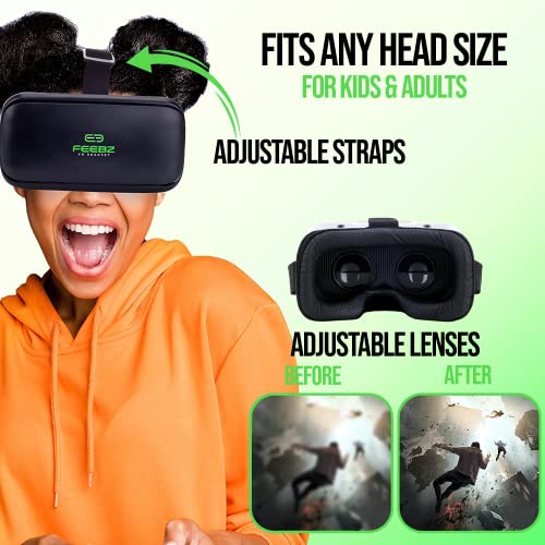 VR Headset Compatible with iPhone & Android 4.5"-6.5" + Built-in Action Button for 3D VR Videos | Universal 3D Glasses Virtual Reality Goggles Set - for Kids & Adults - Green