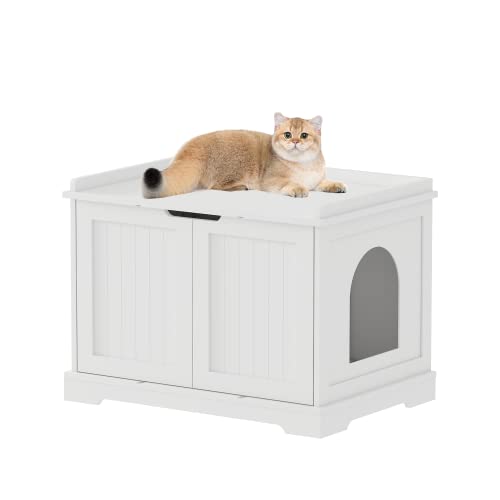 HOME BI Cat Litter Box Enclosure, Cat Litter Box Furniture Hidden, Cat Washroom Storage Bench, Pet Crate Furniture, Modern Wooden Cat Litter Cabinet, Cat Home, Kitty Hideaway (White, 023)