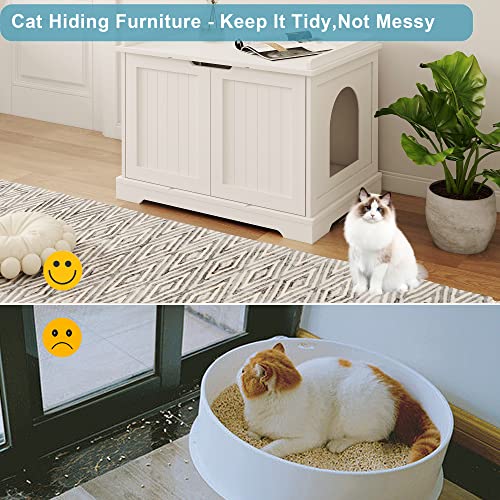 HOME BI Cat Litter Box Enclosure, Cat Litter Box Furniture Hidden, Cat Washroom Storage Bench, Pet Crate Furniture, Modern Wooden Cat Litter Cabinet, Cat Home, Kitty Hideaway (White, 023)