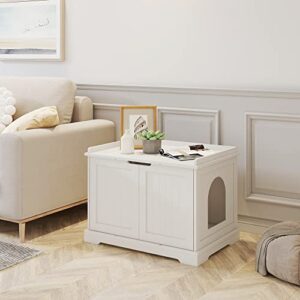 HOME BI Cat Litter Box Enclosure, Cat Litter Box Furniture Hidden, Cat Washroom Storage Bench, Pet Crate Furniture, Modern Wooden Cat Litter Cabinet, Cat Home, Kitty Hideaway (White, 023)