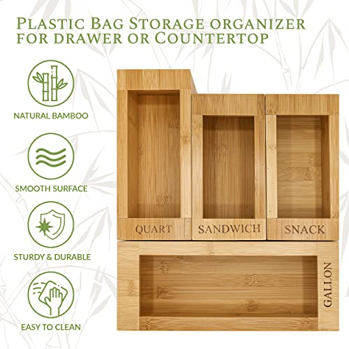 Bamboo Ziplock Baggies Organizer for Drawer - Food Ziplock Bag Storage Organizer - 4 Piece Bamboo Plastic Bag Ziplock Organizer for Drawer - Storage for Gallon, Quart, Sandwich & Snack Bags - LARGER Size Quart Container - Kitchen Ziplock Bag Organizer