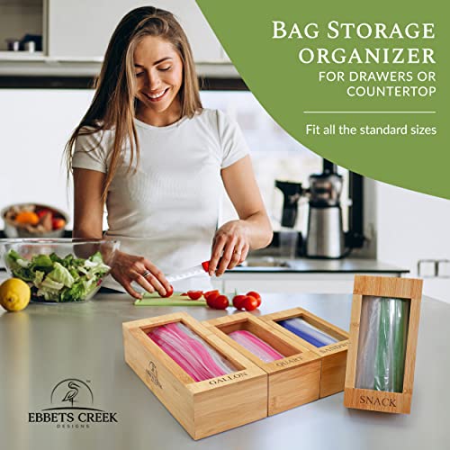 Bamboo Ziplock Baggies Organizer for Drawer - Food Ziplock Bag Storage Organizer - 4 Piece Bamboo Plastic Bag Ziplock Organizer for Drawer - Storage for Gallon, Quart, Sandwich & Snack Bags - LARGER Size Quart Container - Kitchen Ziplock Bag Organizer